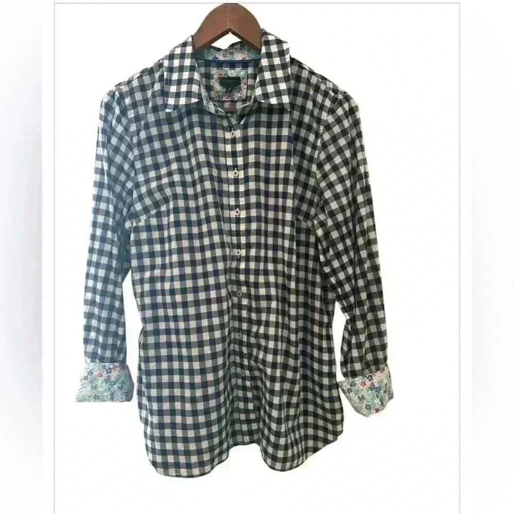 Talbots Navy White Gingham Buffalo Check Button Down Shirt Floral Trim M